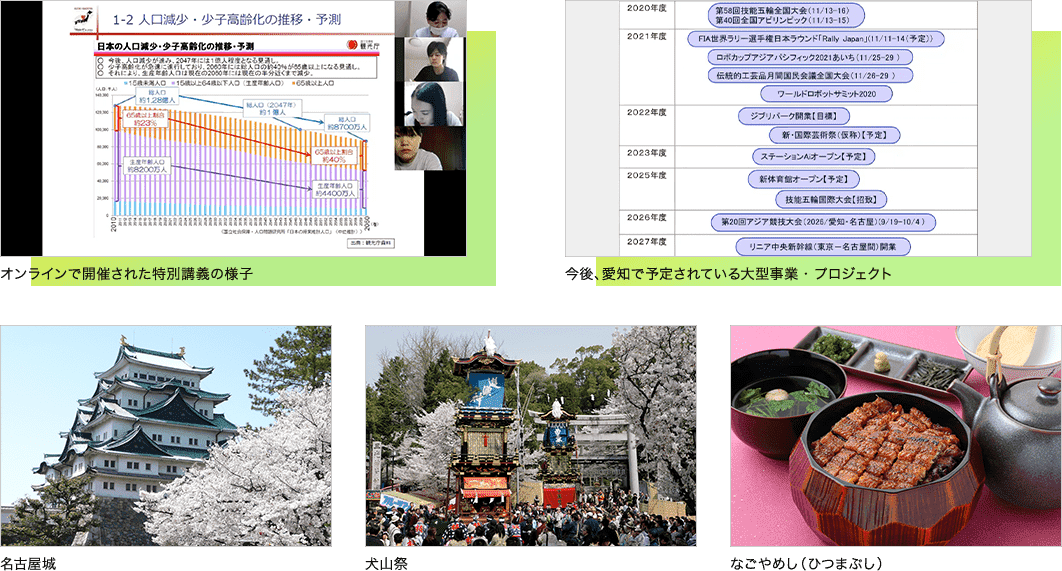 オンラインで開催された特別講義の様子　今後、愛知で予定されている大型事業・プロジェクト　名古屋城　犬山祭　なごやめし（ひつまぶし）